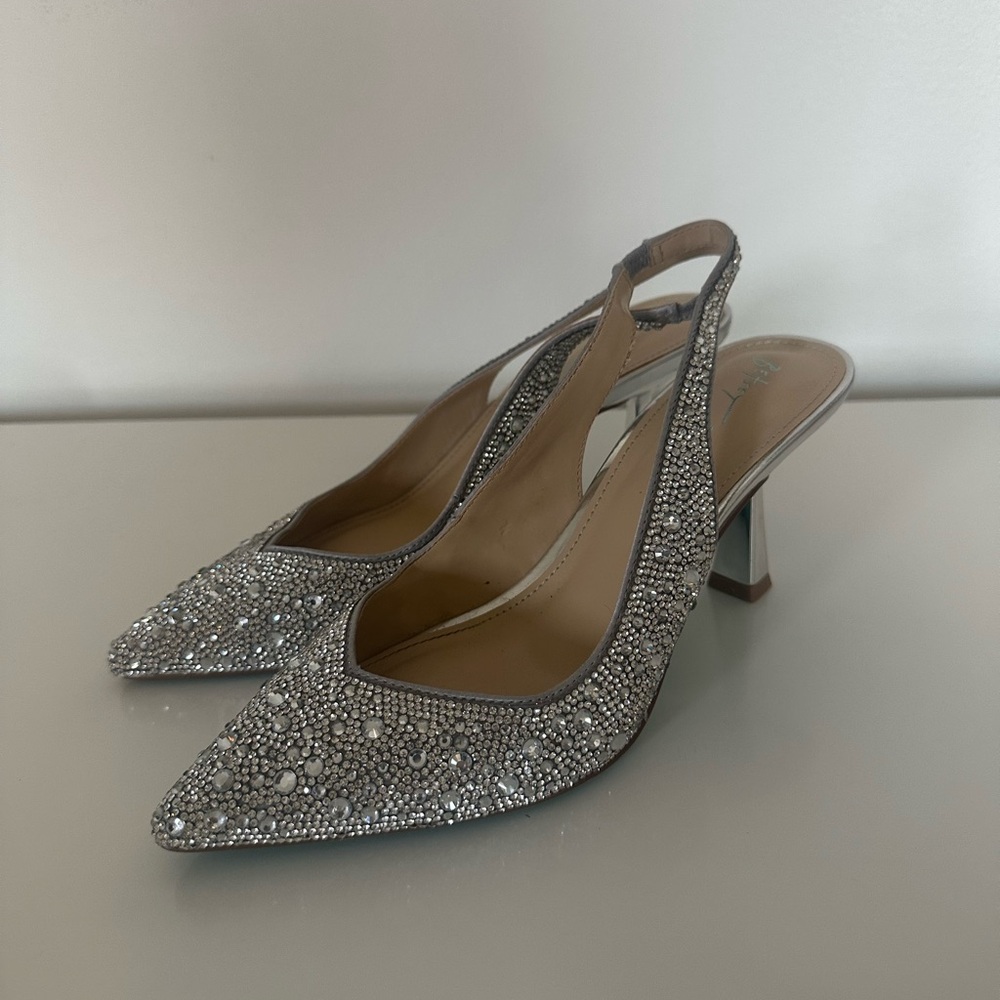 Betsey Johnson Silver Glitter Kitten Heel Slingbacks